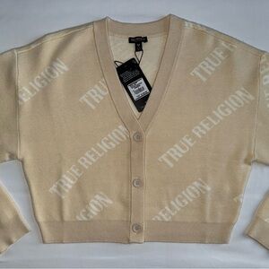 True Religion Cream Logo Cropped Cardigan NEW